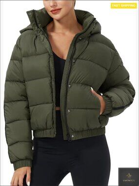 Cropped Puffer Jacket with Hood Waterproof Warm Quilted Winter Coat Oversized